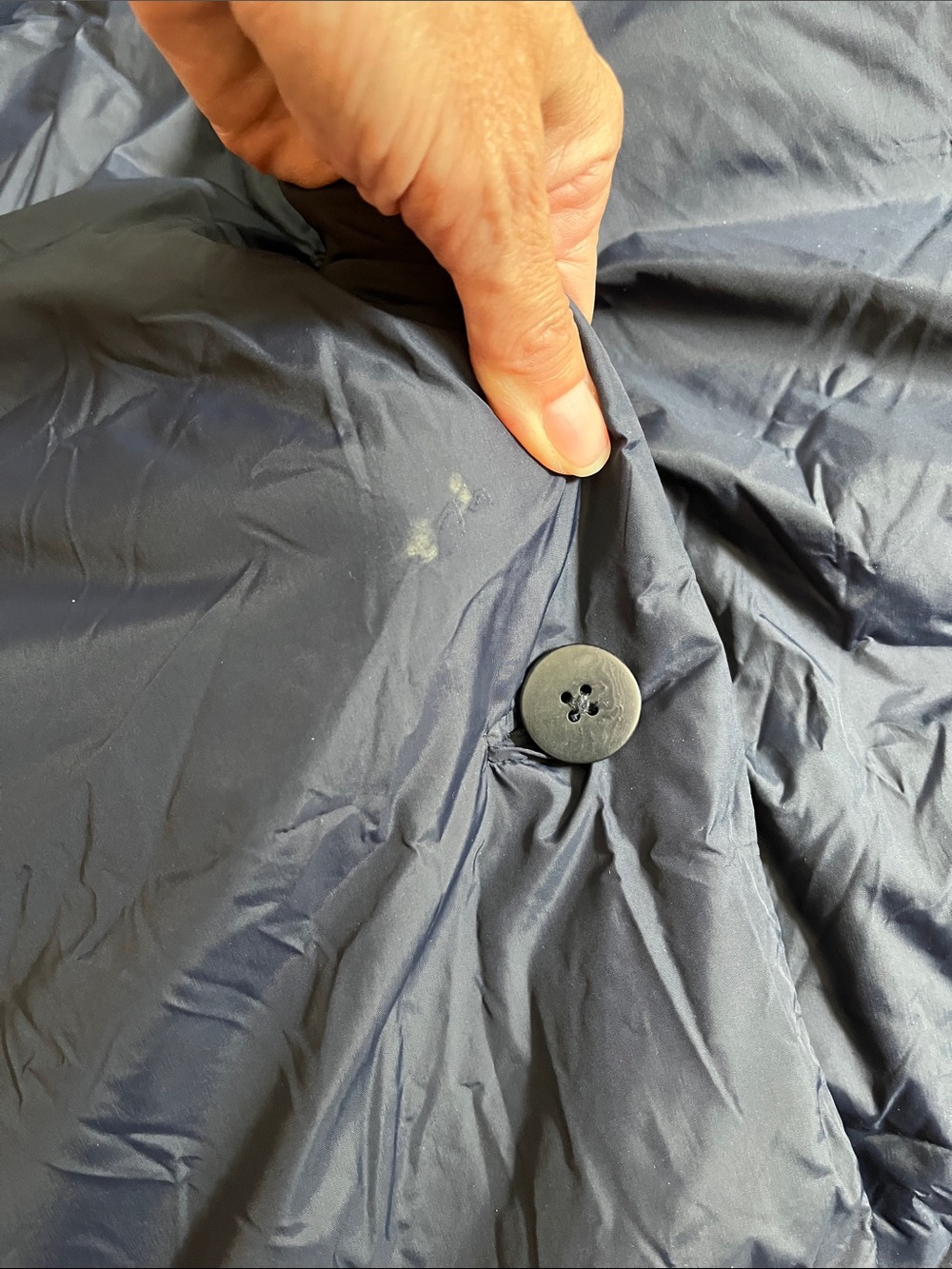 EILEEN FISHER L Blue Down Hooded Jacket Recycled Nylon Button Up Eggshell - Picture 9 of 10